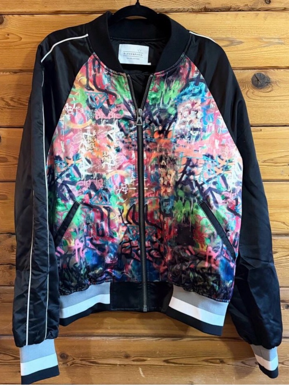 Eleven Paris Multicolor Graffiti Bomber Jacket with Black Sleeves